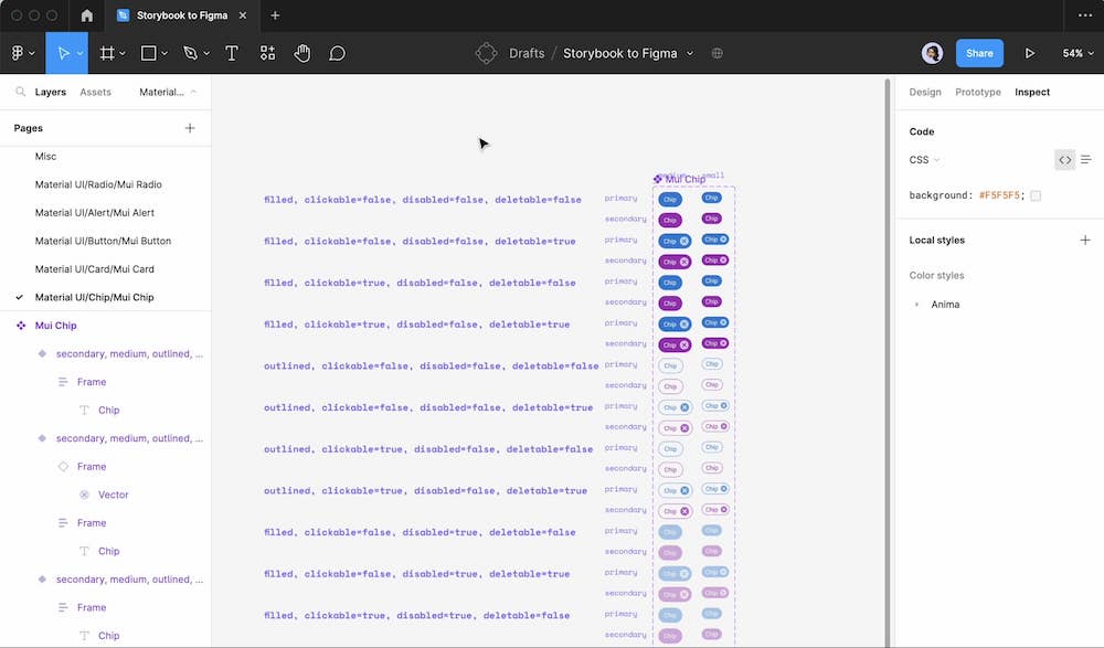 A MUI button component and its variants imported from Storybook into Figma using Anima.