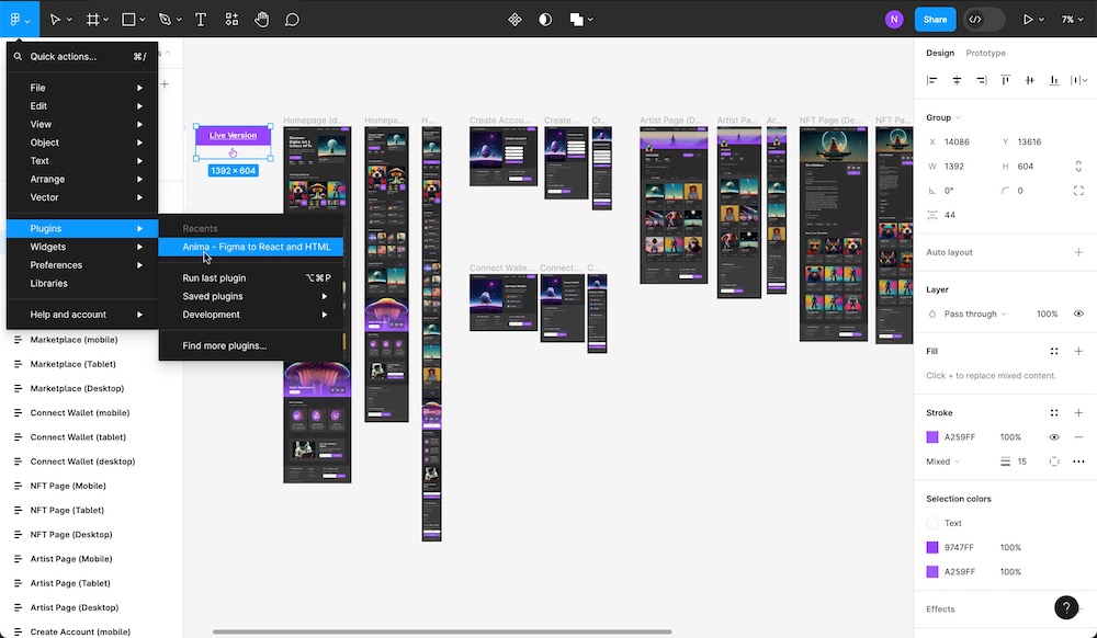 Open the Anima plugin from Figma's main dropdown menu.