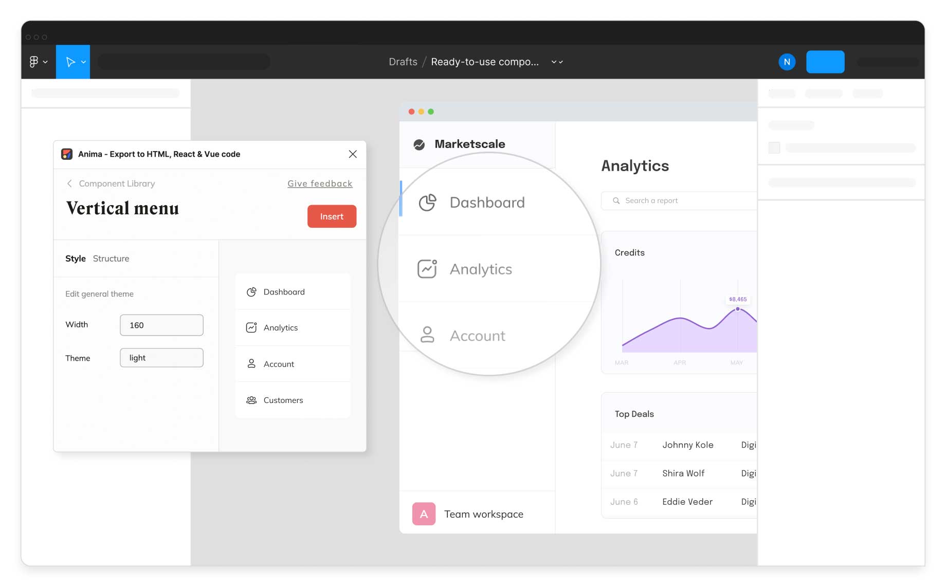 Inserting open source React components into Figma from the Anima plugin component library.