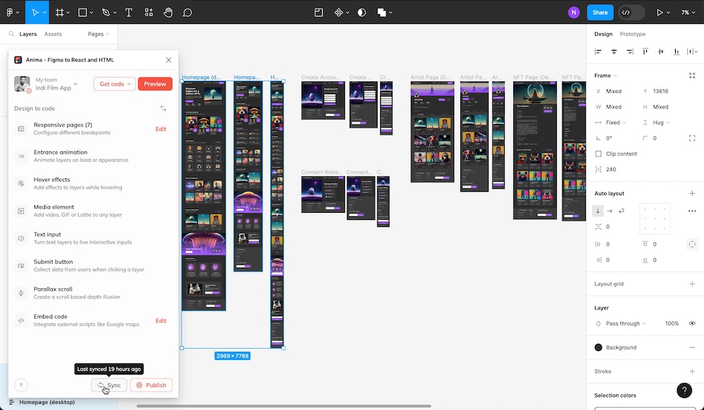 Clicking sync in Anima's plugin for Figma to sync a selection in the Figma canvas with Anima's web app.